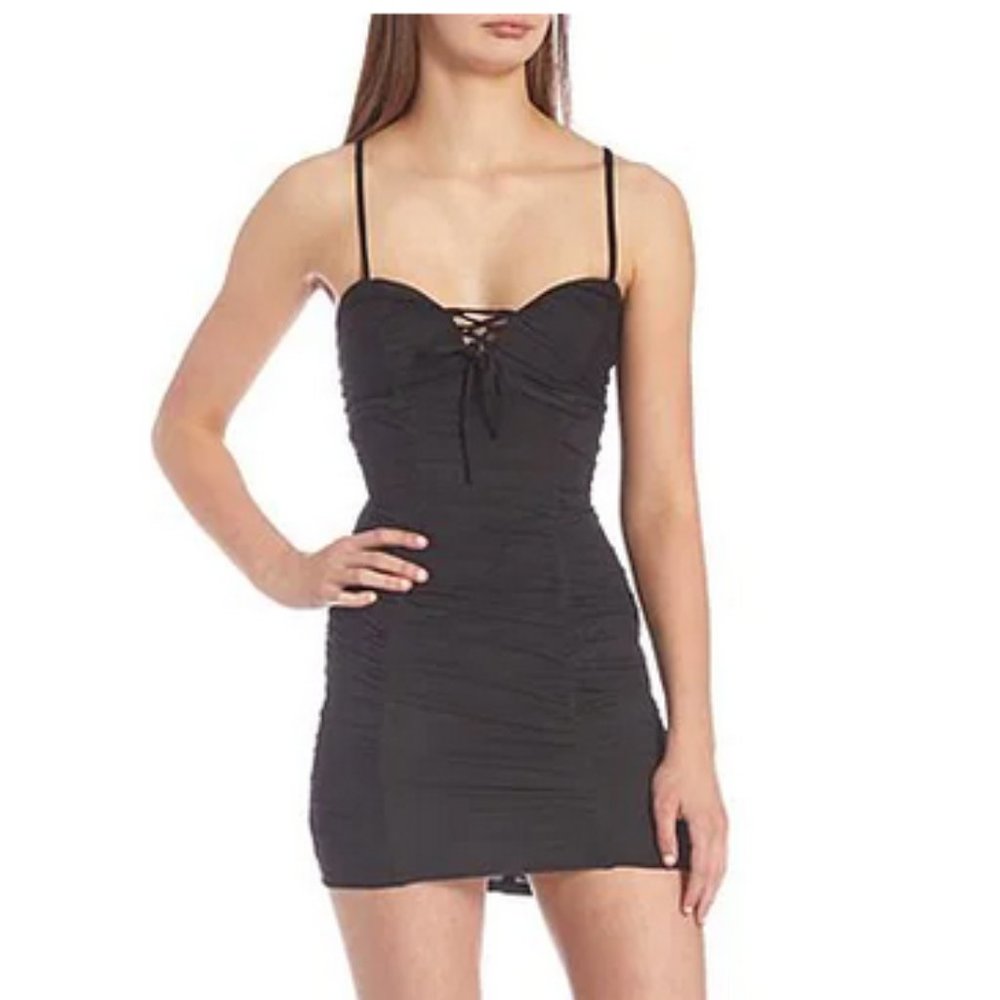 Spaghetti-Strap Sweetheart-Neck Ruched Tie-Front Mesh Bodycon Dress